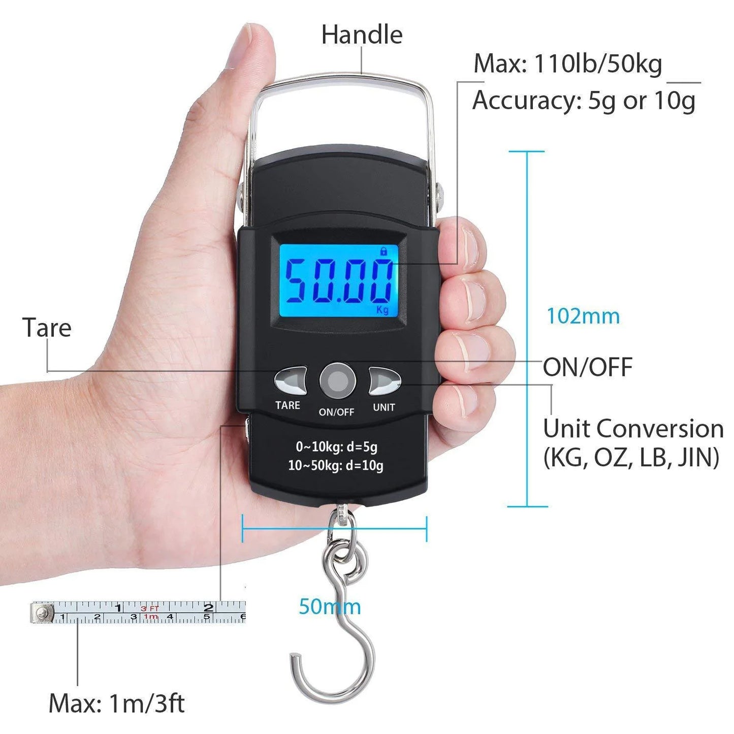 Electronic Scale Backlit LCD Display 110lb/50kg with Measuring Tape